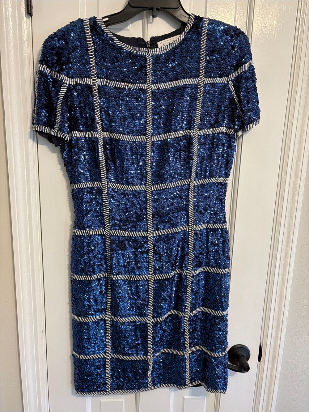 A.J. Bari Blue Sequin Grid Mini Dress with White Trim